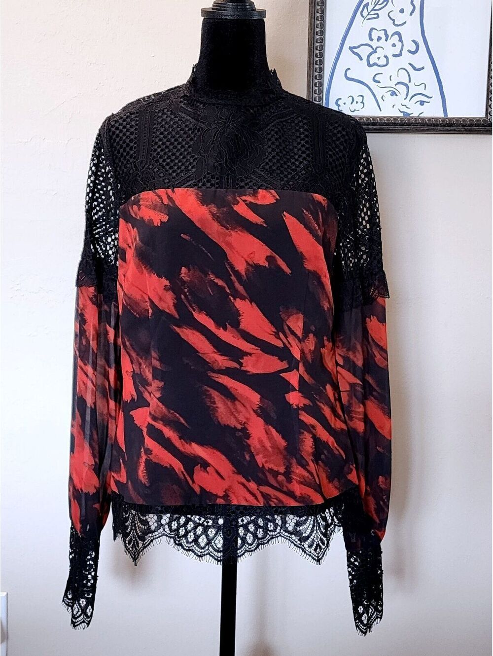 Marciano Los Angeles Women's Black and Red Lace Detail Long Sleeve Blouse